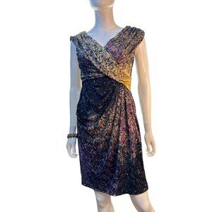 Black Saks Fifth Avenue Metallic Splatter Print Draped Cocktail Dress Size 2 EUC